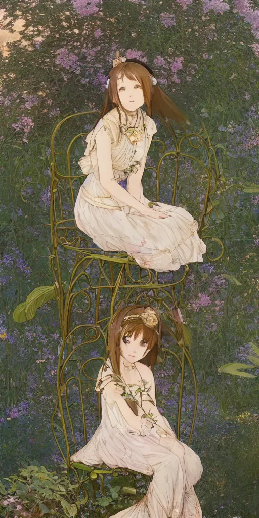 Image similar to a digital art of a loli with long hair in a dress sitting on a metal garden chair in the privet garden at afternoon, green and warm theme, back lighting, by mucha and akihito yoshida and greg rutkowski and makoto shinkai, extremely long shot, detailed eyes, 4 k resolution, trending on art station