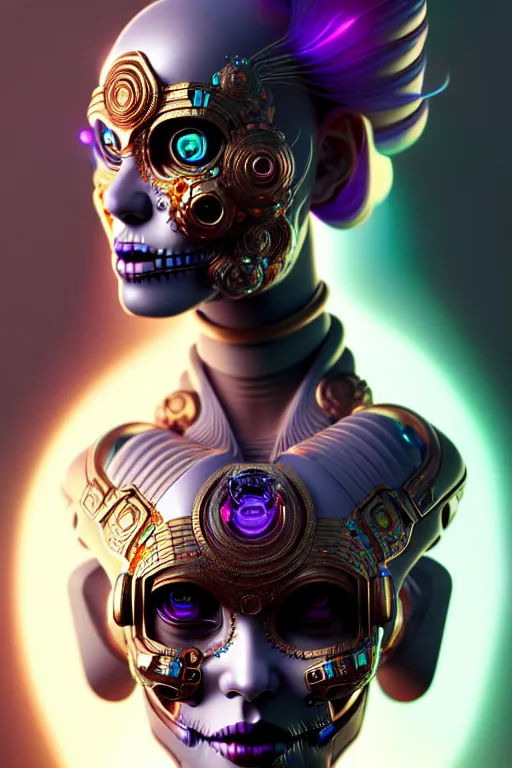 Image similar to ultra detailed female android deity, scifi, fantasy, octane render, unreal engine, dia de los muertos, asymmetrical intricate concept art, triadic color, art by artgerm and greg rutkowski and alphonse mucha, 8 k, artstation, cgstation, behance