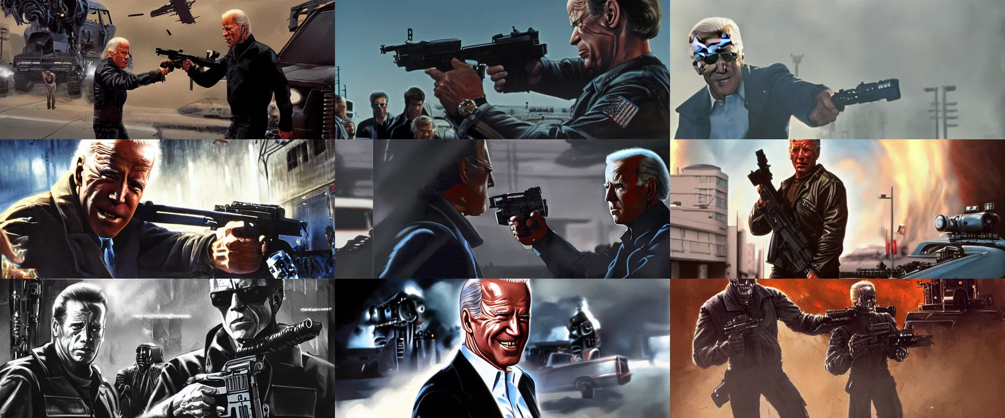 Prompt: joe biden in the terminator shooting another terminator, cinematic, establishing shot, extremly high detail, photorealistic, cinematic lighting, artstation, style by James Gurney