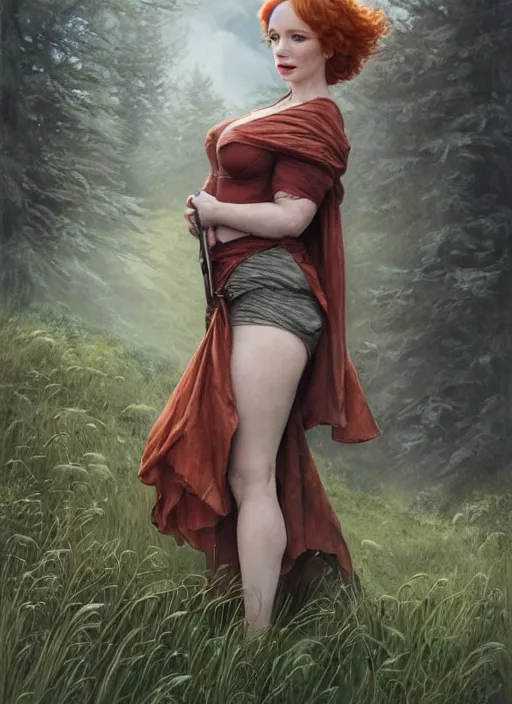 Image similar to Christina Hendricks taking a rest in a meadow after an long adventure, a ruggedly muscled handsome heroine, intricate, elegant, highly detailed, centered, digital painting, artstation, concept art, smooth, sharp focus, illustration, artgerm, donato giancola, Joseph Christian Leyendecker, WLOP, Artgerm, thunder storm