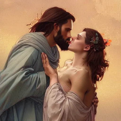 Image similar to 1 8 th jesus kissing a woman, intricate, elegant, highly detailed, digital painting, artstation, concept art, matte, sharp focus, illustration, art by artgerm and greg rutkowski and alphonse mucha