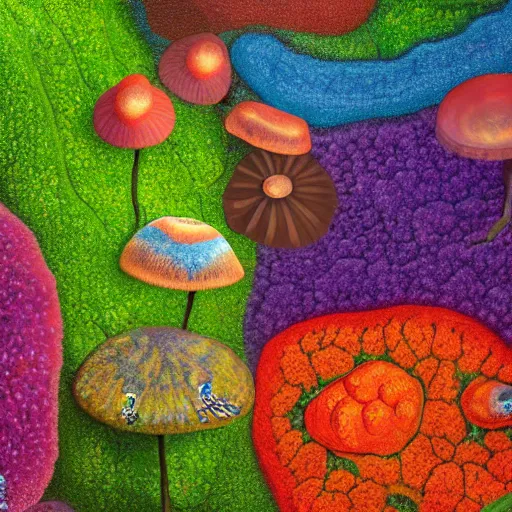 Prompt: painting of a colorful fungus garden in a cave, top-down view, Hiroo Isono, dark, foggy, shy beetles