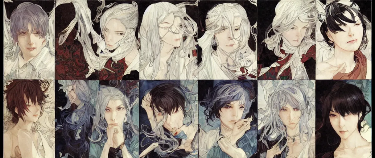 Image similar to character face study, multiple angles, directions and moods. faces only, girl with white hair, concept art finely detailed perfect art, painted by shigenori soejima, krenz cushart, alphonse mucha, takato yamamoto, conrad roset, pinterest, cevagraf comics