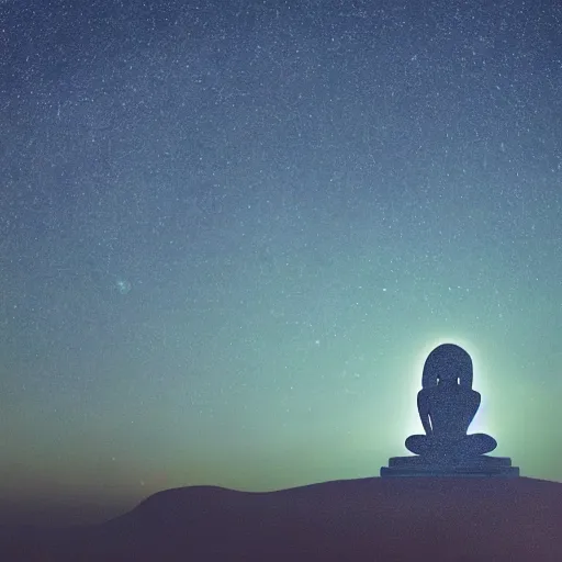 Prompt: Film still of silhouette of indian statue, sukhasana, starry sky, flying saucer, ufo, ufo, ufo, with radiating hill, full shot