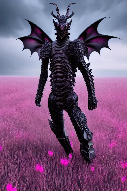 Image similar to hyperrealistic neo - gothic human dragon hybrid, exoskeleton armor, fighting with katana, field of pink flowers, highly detailed digital art masterpiece, vitaly bulgarov dramatic dark teal light, ground angle hd 8 k, sharp focus