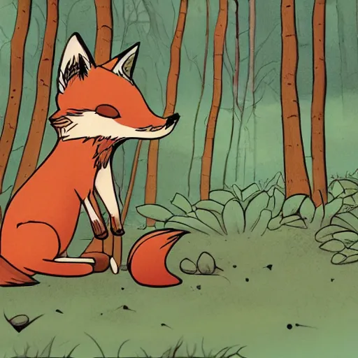 Prompt: cute cartoon fox in the woods, style of moebius, james jean, mcbess, cinematic, highly detailed, award winning, 8 k photorealistic