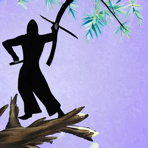 Image similar to a ninja with sword standing on a tree practicing, realistic