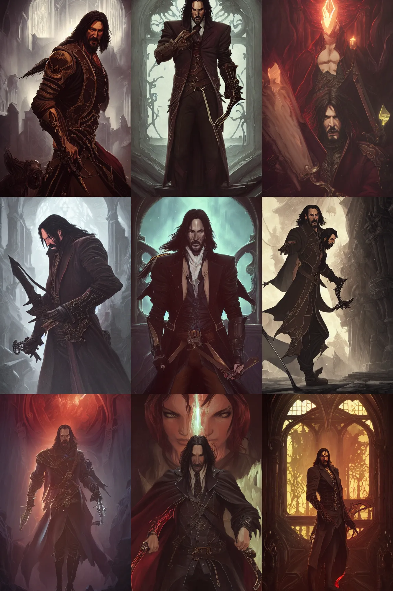 Prompt: cinematic stills from castlevania combined with john wick, deep focus, d & d, fantasy, intricate, elegant, highly detailed, digital painting, artstation, concept art, matte, sharp focus, illustration, hearthstone, art by artgerm and greg rutkowski and alphonse mucha