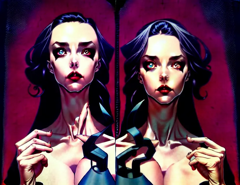 Image similar to artgerm, joshua middleton comic cover art, full body pretty kacey rohl vampire, symmetrical eyes, symmetrical face, long curly black hair, dark castle background background, cinematic lighting