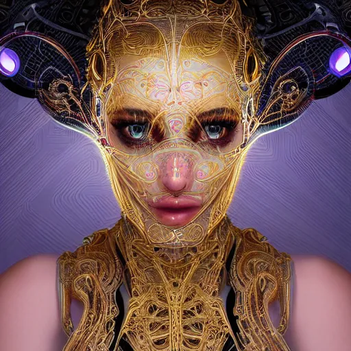 Prompt: very beautiful woman integrating with technology, full face frontal centered, portrait, insipiring, detailed intricate ornate neon pulsating cables connected to head, very detailed eyes, luxurious detailed abundent wiring and implants, gold and porcelain, renaissance, sci - fi, detailed technology background with cyber flowers and insects, dramatic lighting, photography, highly detailed, artstation, 8 k,