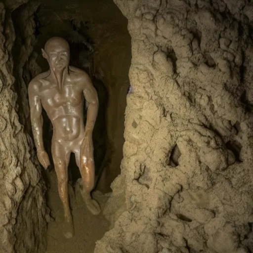 Prompt: found footage of a humanoid made of wet clay emerging from a wall inside of a cave made of wet clay, creepy, flash photography, unsettling, moist, low quality, dark environment, cavern, spelunking