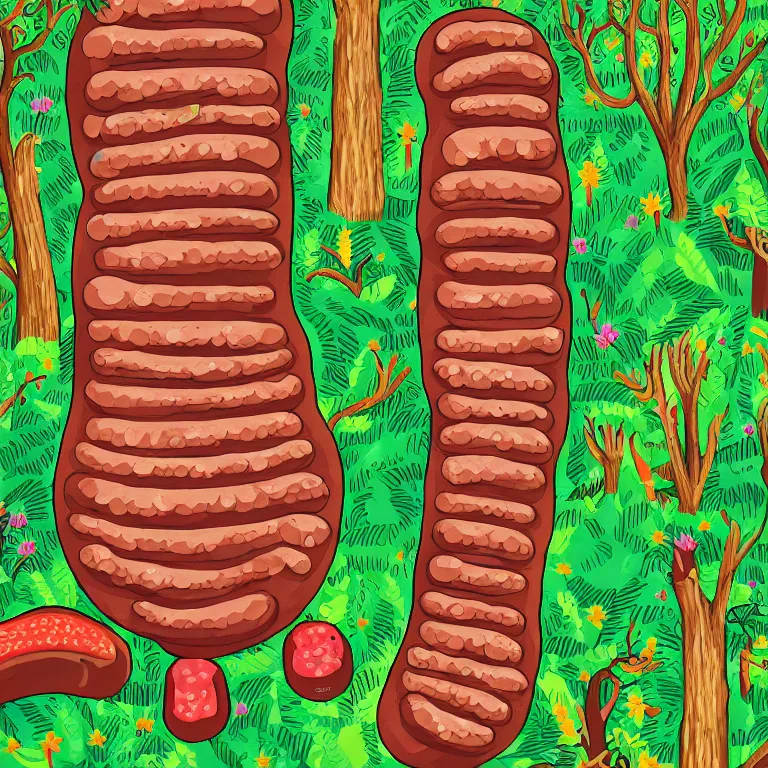 Image similar to illustration of a forest with a giant sausage, highly detailed, by Malika Fayre