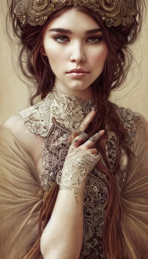 Prompt: madison beer, traditional russian clothing, fame of thrones, fibonacci, sweat drops, intricate fashion clothing, insane, intricate, highly detailed, surrealistic, digital painting, artstation, concept art, smooth, sharp focus, illustration, unreal engine 5, 8 k, art by artgerm and greg rutkowski and alphonse mucha