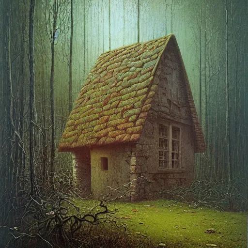 Image similar to small cottage in the forest by zdzisław beksinski, marco mazzoni, peter gric, oil on canvas, highly detailed, whimsical, fantasy