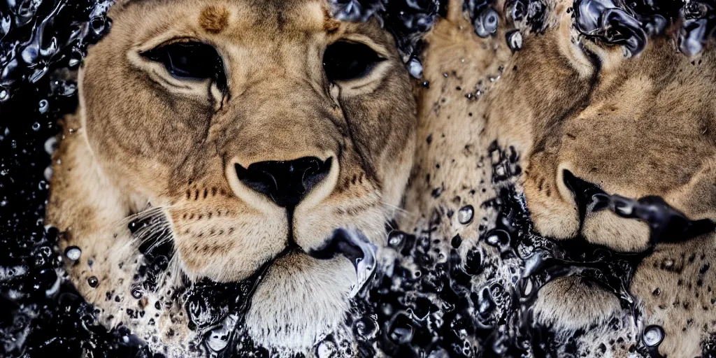 Prompt: a lioness made of ferrofluid bathing inside the bathtub full of ferrofluid on a photography studio, dripping and drooling ferrofluid. dslr, wrinkles, ferrofluid, photography