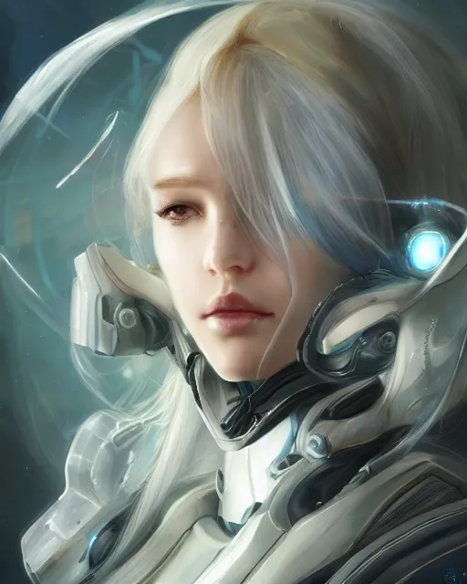 Image similar to perfect android girl on a mothership, warframe armor, beautiful face, scifi, futuristic, galaxy, raytracing, dreamy, digital painting, long white hair, blue cyborg eyes, sharp focus, intricate, highly detailed, artstation, intricate, innocent, art by gauthier leblanc, kazuya takahashi, huifeng huang