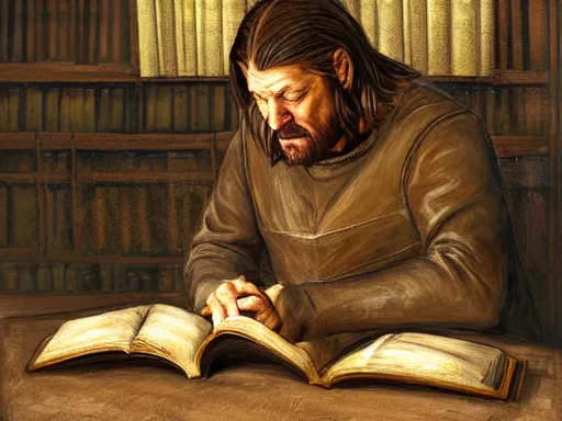 Prompt: portrait of Lord Ned Stark sitting thoughtfully at a medieval desk, reding an ancient book, elegant, digital painting, sharp focus, painted by Marc Simonetti