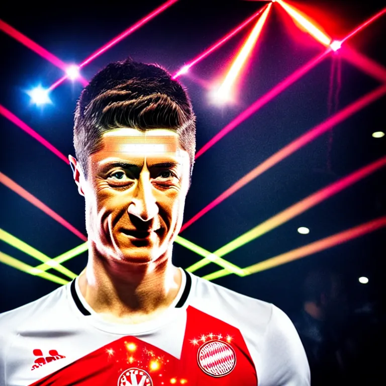 Prompt: robert lewandowski as a dj play in toilet board, photorealiscic face, golden skin, dark backgroud, lasers