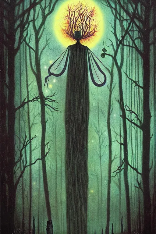 Image similar to tarot card, haunted woods, by andy kehoe