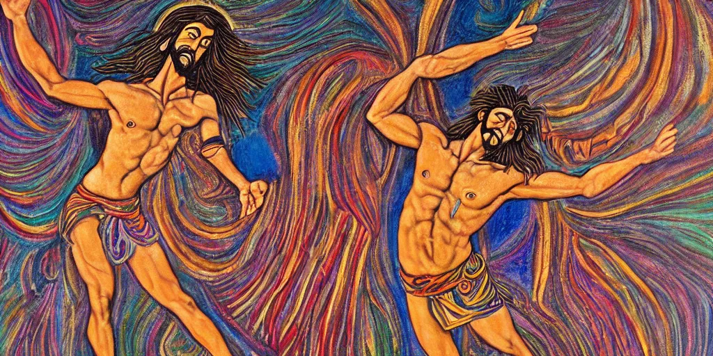 Image similar to an abstract spiritual background, a latino greek god dancing in ecstasy, clear eyes. 2 4 mm, photorealistic, muted color scheme, directed by mati klarwein