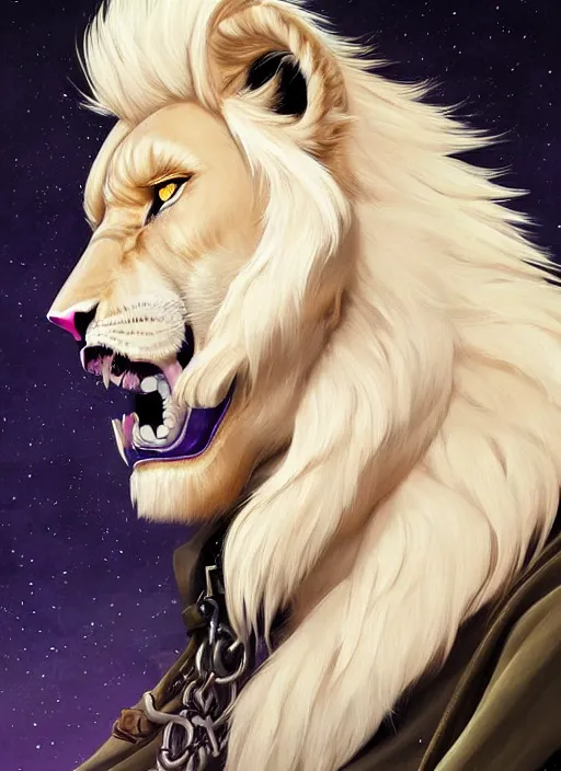 Image similar to aesthetic portrait commission of a of a male fully furry muscular anthro albino lion on a pirates ship wearing an attractive pirates suit with a tail and a beautiful attractive hyperdetailed face at golden hour. Character design by charlie bowater, ross tran, artgerm, and makoto shinkai, detailed, inked, western comic book art, 2021 award winning film poster painting