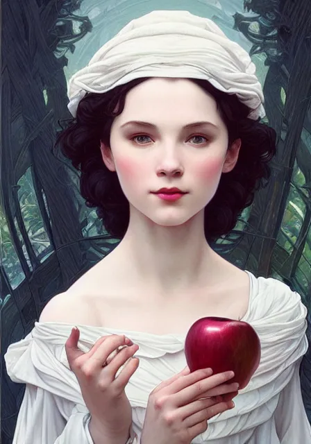 Image similar to snow white and apple, intricate, elegant, highly detailed, digital painting, artstation, concept art, smooth, sharp focus, illustration, art by artgerm and greg rutkowski and alphonse mucha and william - adolphe bouguereau