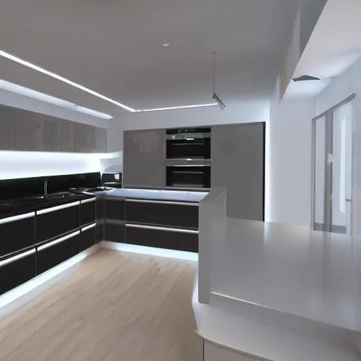 Image similar to modern kitchen with rgb led strip lighting, homes and gardens, wren kithens, super detailed render, award winning,