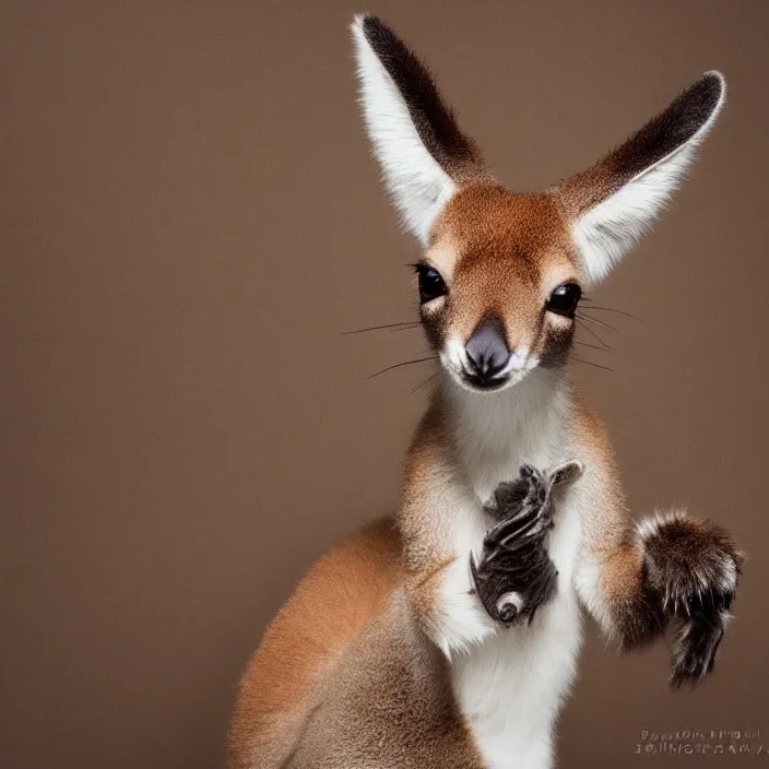 Image similar to hq studio portrait of a tiny super - cute big - eyed fluffy kangaroo