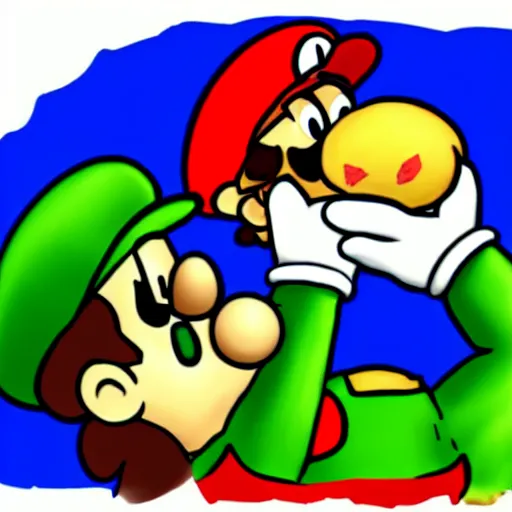 Image similar to Super Mario eating Luigi with a knife and fork on a toad mushroom