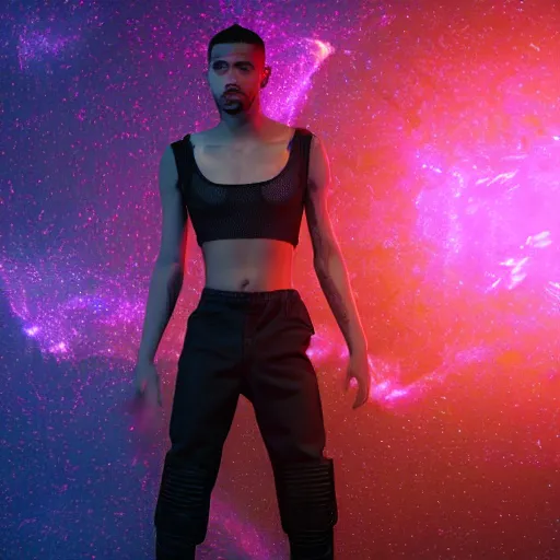 Image similar to A beautiful boy wearing a black mesh crop top and black shorts standing in a mad max cage. The boy is surrounded by a colorful nebula. Cyberpunk, Digital Art, unreal engine 5, 50mm, f2.8