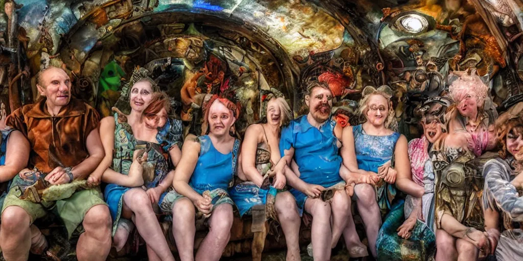 Image similar to detailed colour photograph group portrait of amazingly characterful people sat down extreme closeup, in the inside of the beautiful underwater train to atlantis, realistic and lifelike expressions, crowds of people sat down wearing odd clothes