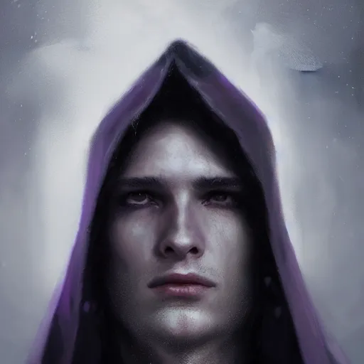 Prompt: portrait of a young man in a black cloak, silver hair, purple eyes, detailed face, highly detailed, cinematic lighting, digital art painting by greg rutkowski.