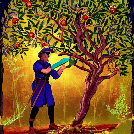 Image similar to a sorcerer holding secateurs in hand, preparing to cut a magic tree with its sap to summon a powerful being to aid them in their work, digital art
