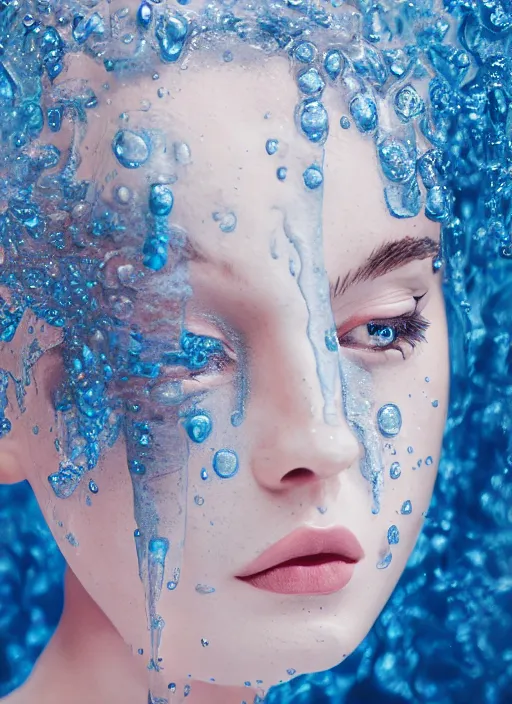 Image similar to sculpture made of water, portrait, girl, future, shaman, harper's bazaar, vogue, fashion, magazine, blue, concept art, ornate, luxury, elite, elegant, trending on artstation,