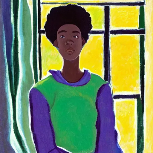 Image similar to early morning. a young ebony with afro hair wearing a wearing a cozy hoodie is texting on her smartphone. sunlight is entering through the window and beautifully lighting the face. depth of field, backlit, closeup, oil on canvas, art by henri matisse 1 9 4 4, in the style of dance by henri marisse, 1 9 1 0, smooth, fauvism, 2 k