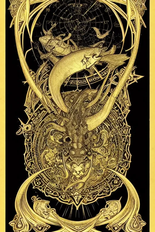 Image similar to Zodiac sign Pisces, Beautiful fish of the devil, on black paper, symmetrical, forsaken spirits, golden ratio, elements, gold, neon, baroque, rococco, white, ink, tarot card with ornate border frame, marc simonetti, paul pope, peter mohrbacher, detailed, occult symbols, intricate satanic ink illustration, by Alfons Mucha, Moebius, Charles Wess, Jeffrey Jones dynamic lighting