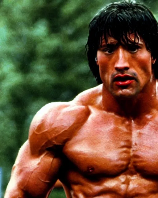 Image similar to Film still close-up shot of Dwayne Johnson as Rocky Balboa from the movie Rocky. Photographic, photography