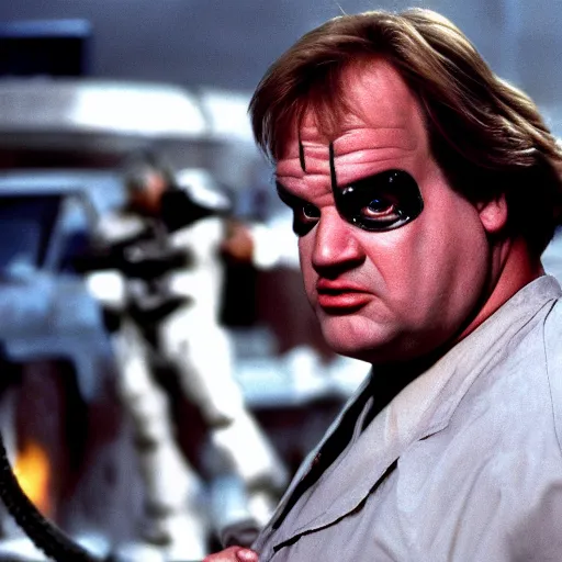 Image similar to chris farley starring in the terminator movie, movie still, 8 k