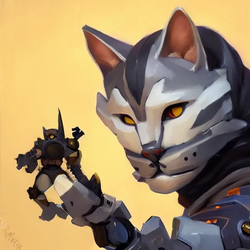 Image similar to greg manchess portrait painting of partially armored purrfect protagonist cat as overwatch character, medium shot, asymmetrical, profile picture, organic painting, sunny day, matte painting, bold shapes, hard edges, street art, trending on artstation, by huang guangjian and gil elvgren and sachin teng