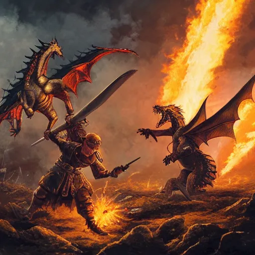 Prompt: war torn medieval battlefield, figures fighting in the distance, dragons spewing fire, mages in a circle casting, dnd, fantasy, high quality, high definition, concept art, smooth