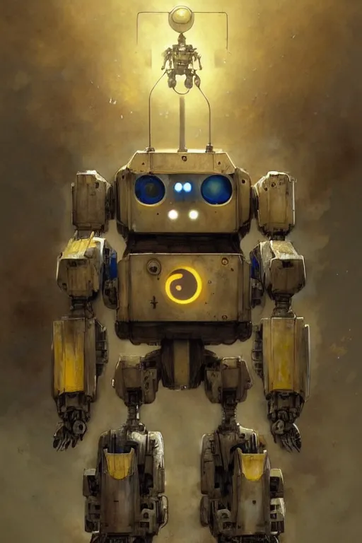 Prompt: pac man mech robot | esoteric symbolism | jean - baptiste monge, esao andrews, bastien lecouffe - deharme, tim jacobus, ken currie | ultra - detailed realism, soft cinematic lighting, hi - fructose, artstation, high - quality, ink watercolors wes anderson poster art