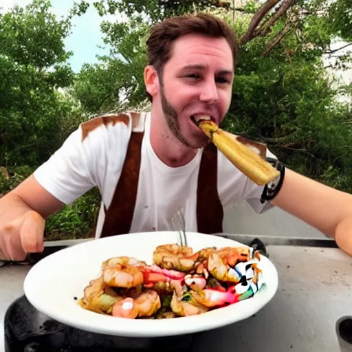 Image similar to an attractive man with brown hair eating shrimp while riding a cow