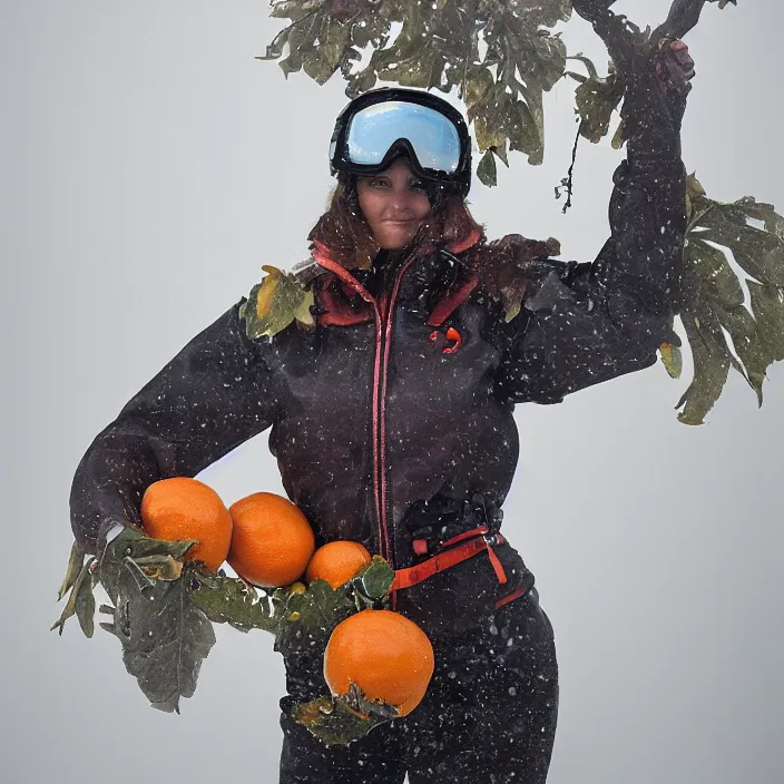 Prompt: a closeup portrait of a woman wearing a ski suit made of clouds and metal scraps, picking oranges from a tree in an orchard, foggy, moody, photograph, by vincent desiderio, canon eos c 3 0 0, ƒ 1. 8, 3 5 mm, 8 k, medium - format print