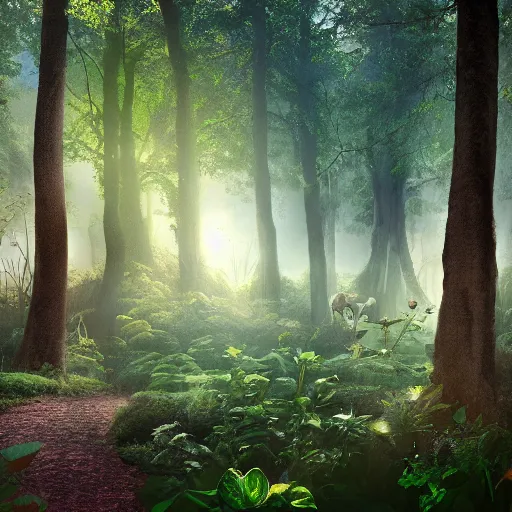Prompt: a storybook garden of secrets in deep forest lighting