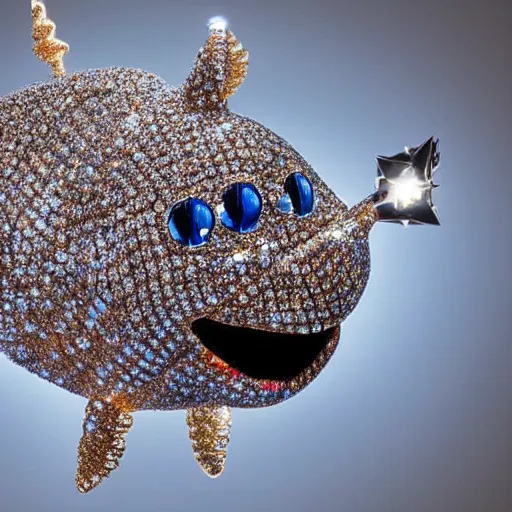 Image similar to A diamond encrusted killer anglerfish with jeweled teeth, dangling a light in front of it, the light is a dollar sign