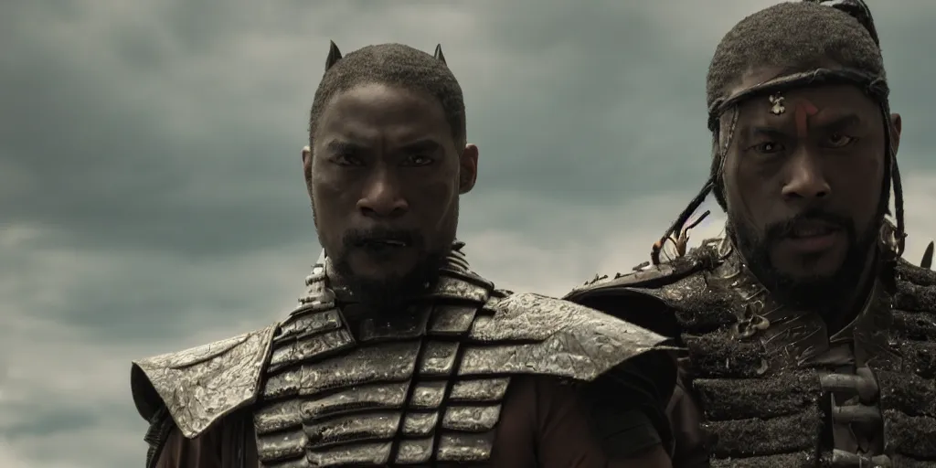 Image similar to a film still of a black man starring in a japanese blockbuster film as an evil samurai, shallow depth of field, cinematic, award winning cgi, vfx, film still