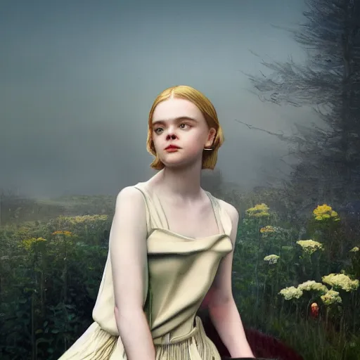 Prompt: Elle Fanning, head and shoulders masterpiece, in the painted world of Dark Souls, golden hour, in a garden, artstation, in the style of Art Deco and Edward Hopper and Bosch, extremely detailed