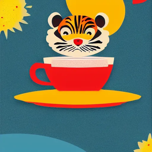 Prompt: children story book cover design of tiger drinking tea