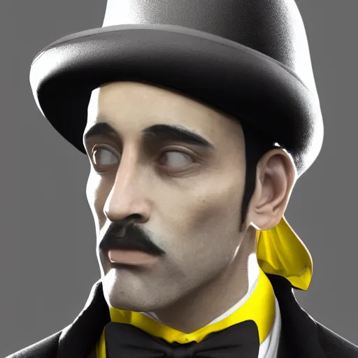 Image similar to a highly detailed portrait of a man in a high top hat covering his face, in a black tailcoat with a yellow waistcoat under the tailcoat, artstation, deviantart, professional, unreal engine 5, photorealistic