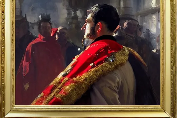 Image similar to oil painting of king, red royal cape, large golden crown, rich jewellery, art by anders zorn, wonderful masterpiece by greg rutkowski, beautiful cinematic light, american romanticism by greg manchess, creation by tyler edlin